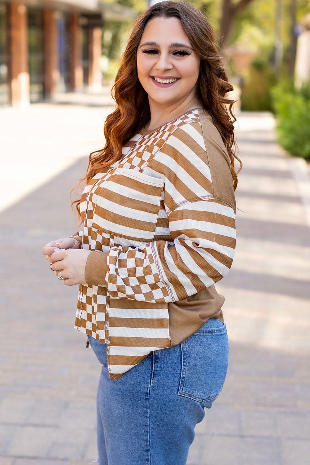 Chic plus size khaki mixed print top - Love Salve